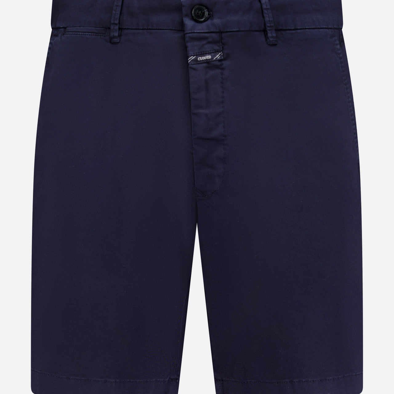 The CLOSED Classic Chino Shorts in navy stretch cotton twill feature belt loops, a button and zip closure, and side pockets, shown against a white background.