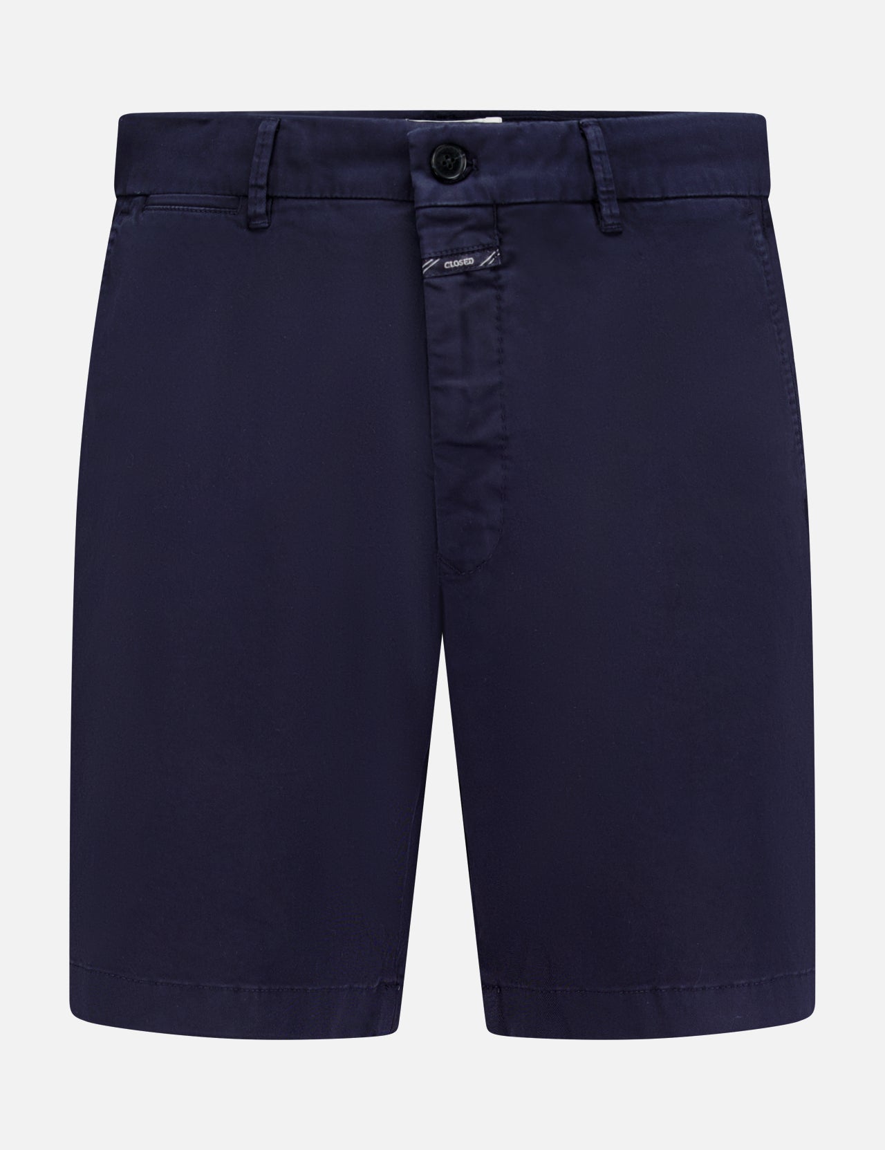 The CLOSED Classic Chino Shorts in navy stretch cotton twill feature belt loops, a button and zip closure, and side pockets, shown against a white background.