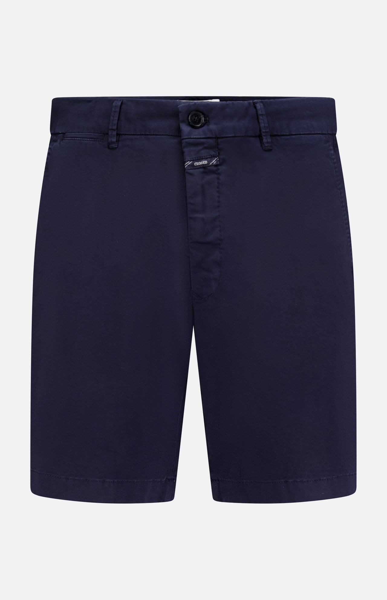 The CLOSED Classic Chino Shorts in navy stretch cotton twill feature belt loops, a button and zip closure, and side pockets, shown against a white background.