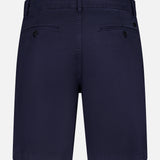 Back view of CLOSED's Classic Chino Shorts in navy stretch cotton twill, with two back welt pockets with button closures and belt loops, shown against a plain light background.