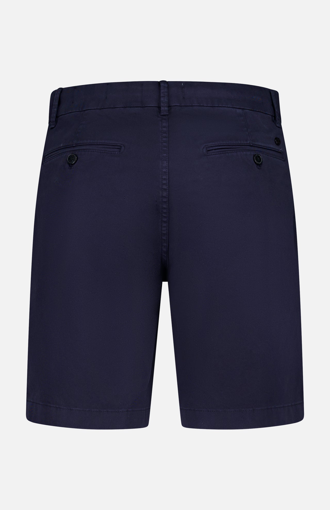 Back view of CLOSED's Classic Chino Shorts in navy stretch cotton twill, with two back welt pockets with button closures and belt loops, shown against a plain light background.
