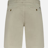 Back view of CLOSED Classic Chino Shorts in beige stretch cotton twill, designed with belt loops, two buttoned welt pockets, and a fitted waistband.