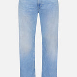 CLOSED Cooper True Straight Leg Denim jeans in light blue, crafted sustainably in Italy with a straight-leg cut, feature five pockets and a button-zipper closure, shown against a white background.