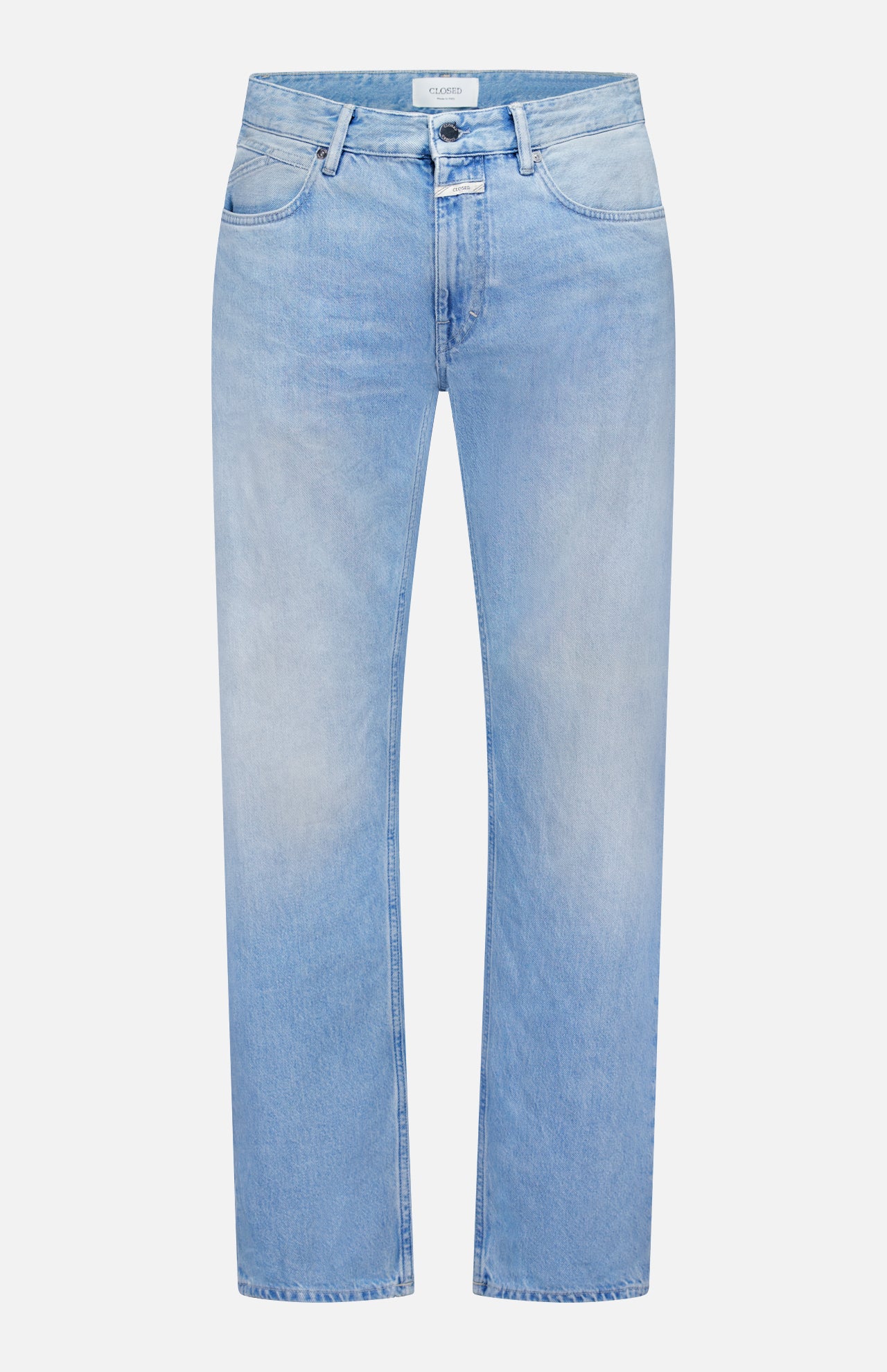 CLOSED Cooper True Straight Leg Denim jeans in light blue, crafted sustainably in Italy with a straight-leg cut, feature five pockets and a button-zipper closure, shown against a white background.