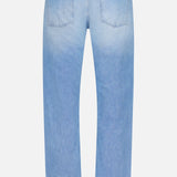 The back view of the CLOSED Cooper True Straight Leg Denim showcases light blue denim with two rear pockets, a waistband with belt loops, and a white rectangular patch on the right. Crafted from sustainable denim, these jeans feature subtle fading on the seat and thighs.