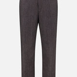 The CLOSED Fairport Relaxed Trouser Pant in a brown wool blend showcases a classic herringbone pattern, designed with a high waist and straight-leg cut. These dress pants feature a front fly with button closure, belt loops, and side pockets, and are displayed against a white background.