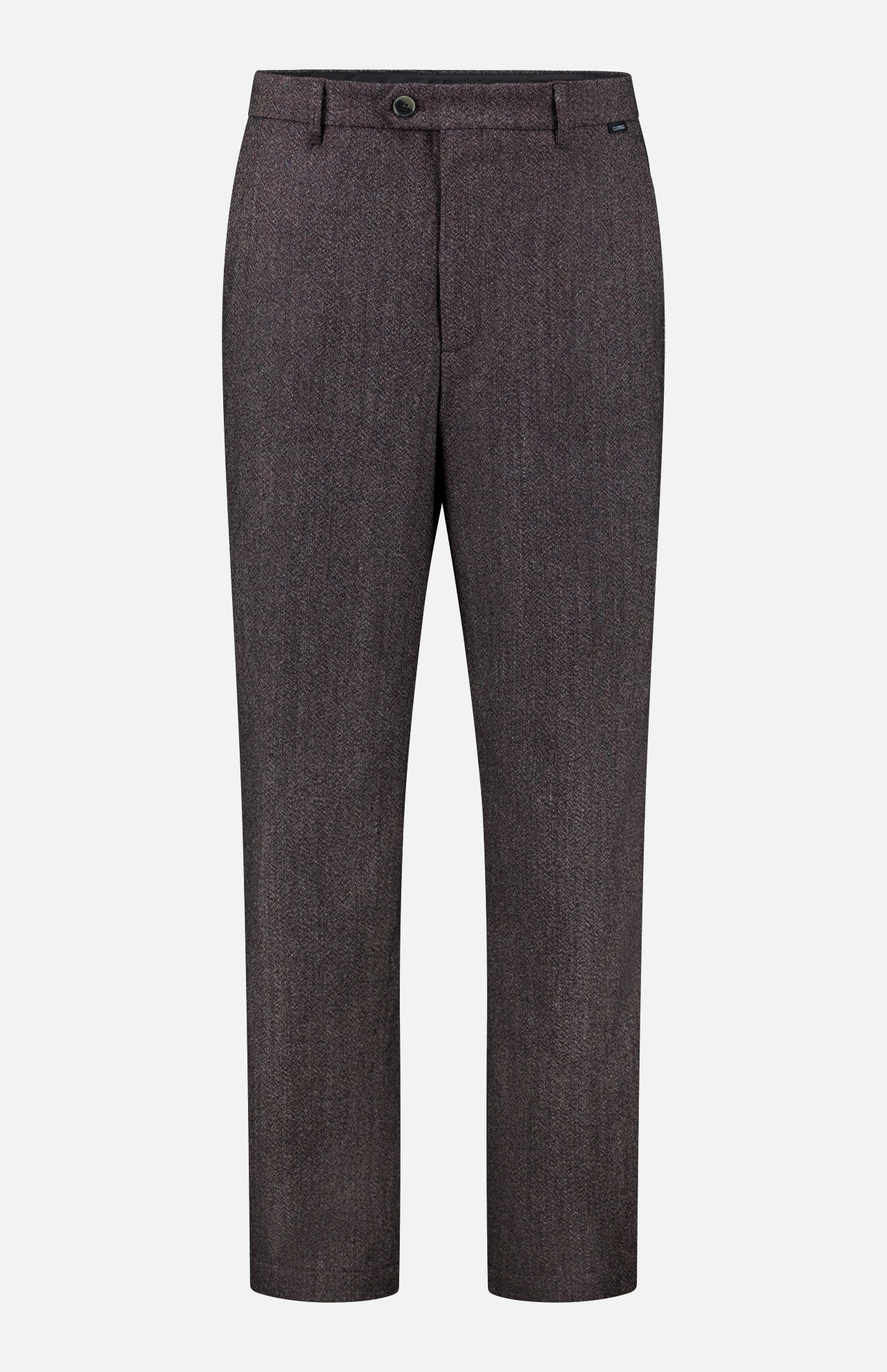 The CLOSED Fairport Relaxed Trouser Pant in a brown wool blend showcases a classic herringbone pattern, designed with a high waist and straight-leg cut. These dress pants feature a front fly with button closure, belt loops, and side pockets, and are displayed against a white background.