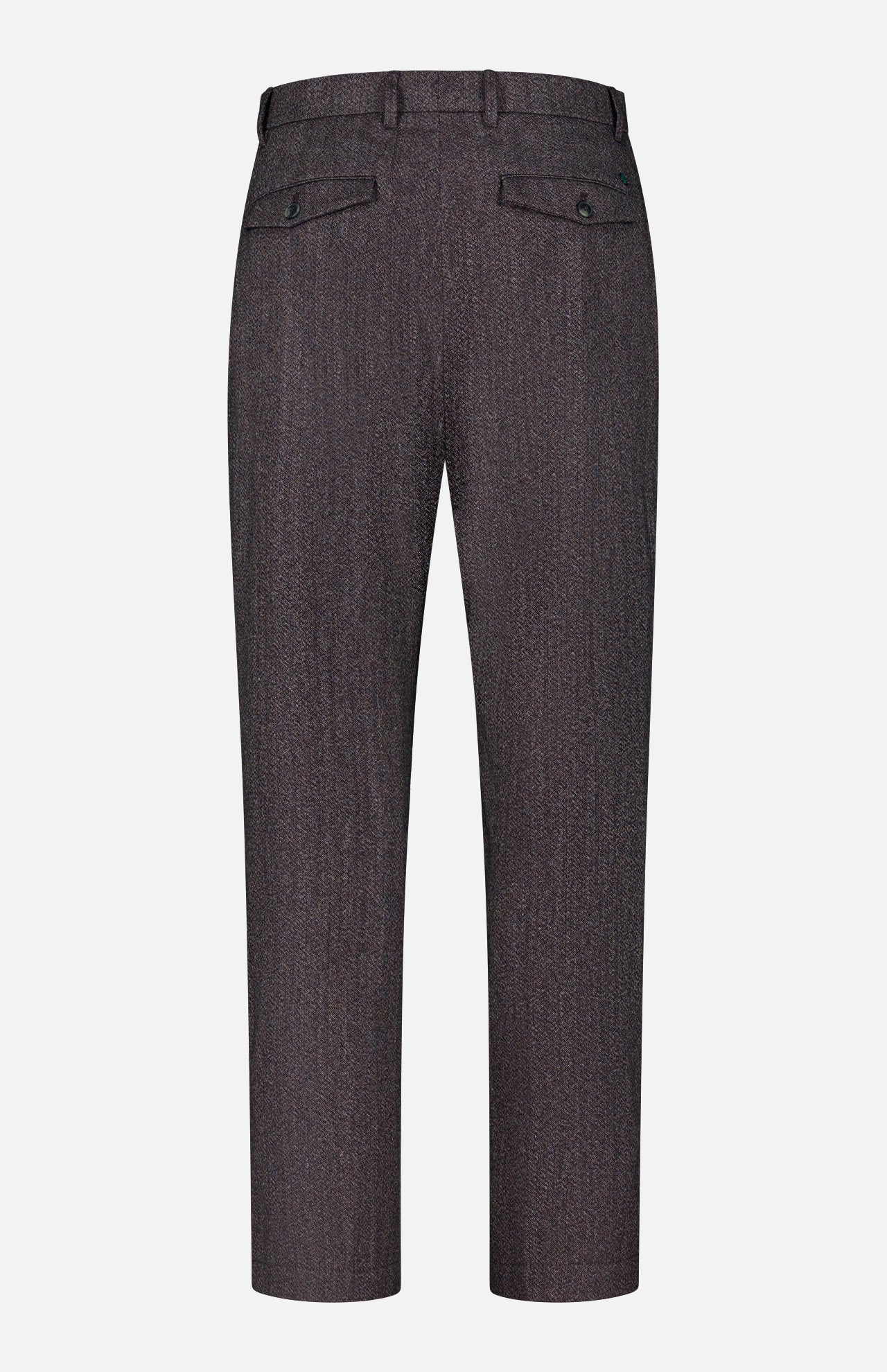 Back view of the CLOSED Fairport Relaxed Trouser Pant in dark gray wool-blend, featuring a high waist, straight leg, belt loops, two buttoned back pockets, and a subtle textured pattern, displayed on a plain white background.