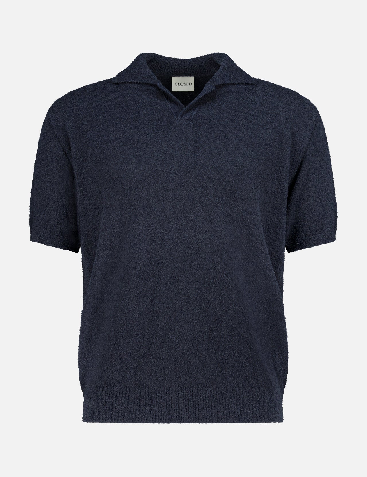 The CLOSED French Terry Johnny Collar Polo Shirt features soft, textured navy blue fabric, short sleeves, and a stylish V-neck Johnny collar, shown against a plain white background.