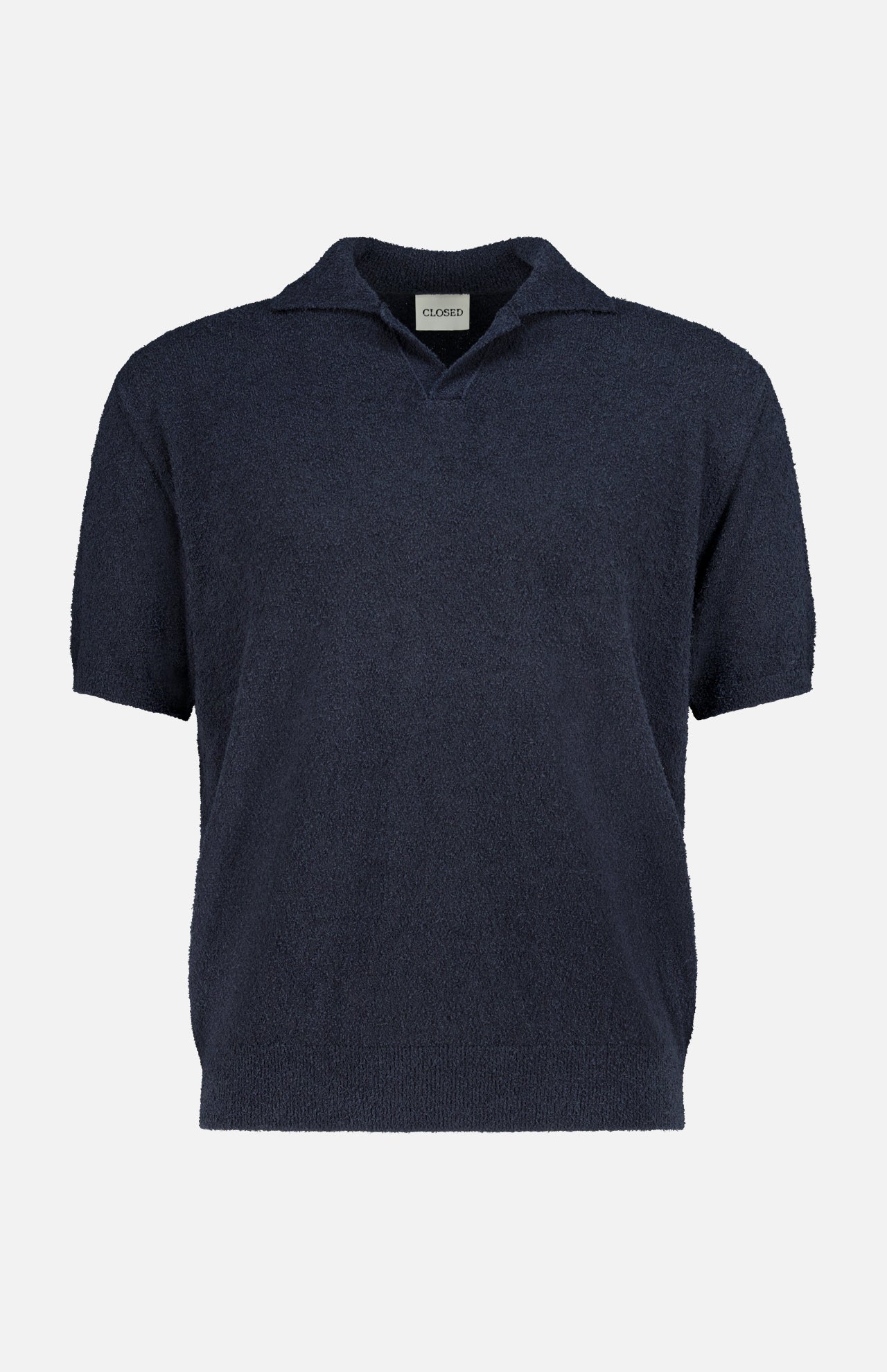 The CLOSED French Terry Johnny Collar Polo Shirt features soft, textured navy blue fabric, short sleeves, and a stylish V-neck Johnny collar, shown against a plain white background.