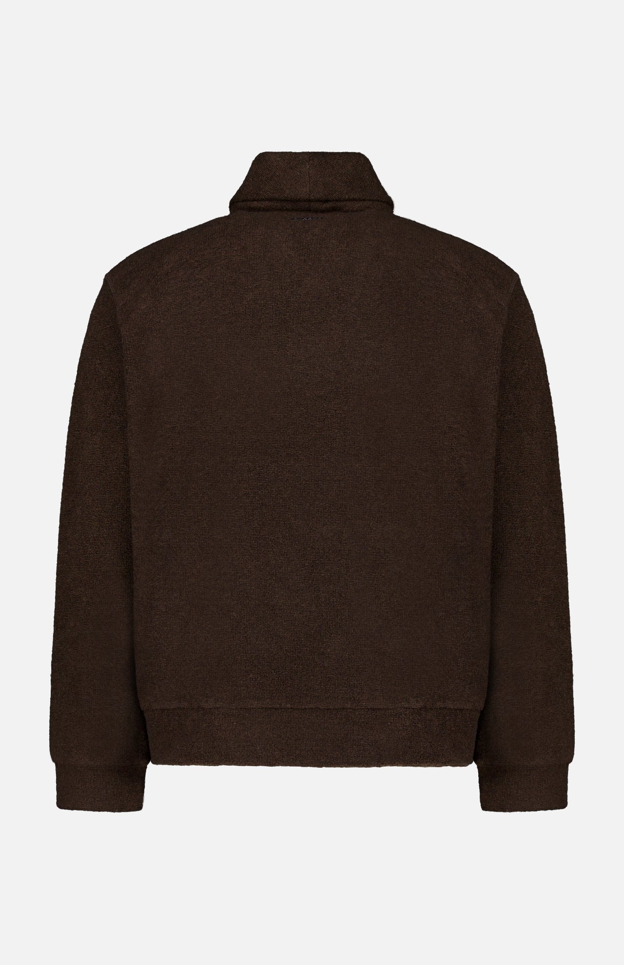 A plain chocolate brown Shawl Collar Sweater by CLOSED is shown from the back, featuring long sleeves, a short shawl collar, and a straight hem against a white background.