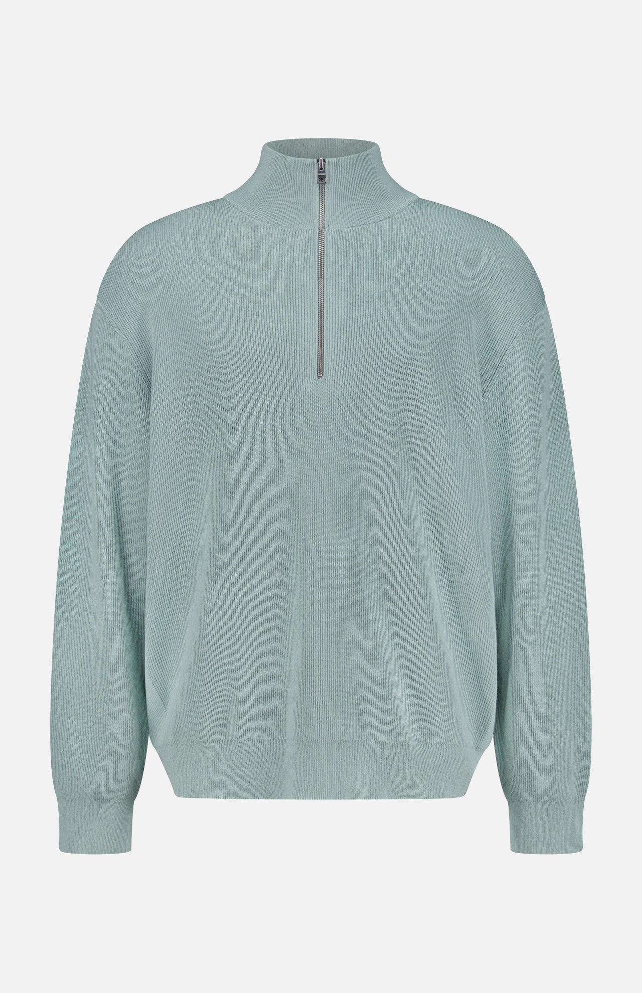 The CLOSED Half Zip Jumper Sweater is a light blue-green cotton-blend pullover featuring a high collar, silver quarter-zip closure, long sleeves with ribbed cuffs, and a relaxed fit, shown against a plain white background.