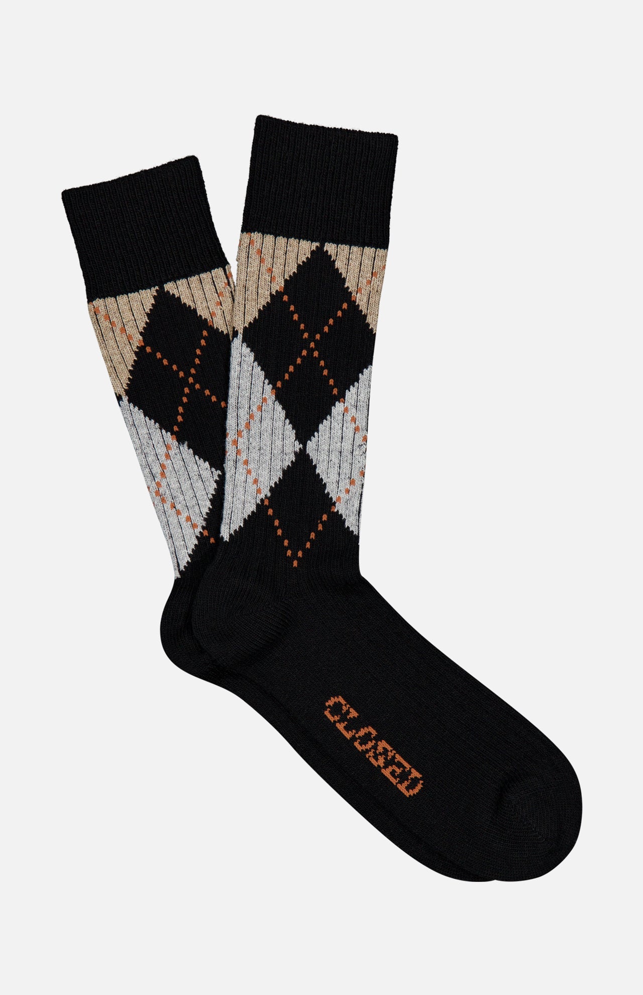 Step out in style with CLOSED’s Argyle Socks: a pair of black melange socks adorned with a beige, light gray, and orange argyle design. The sole is stamped with the brand’s name in bold orange text. These multicolored socks offer a preppy collegiate vibe and are shown here on a clean white background.