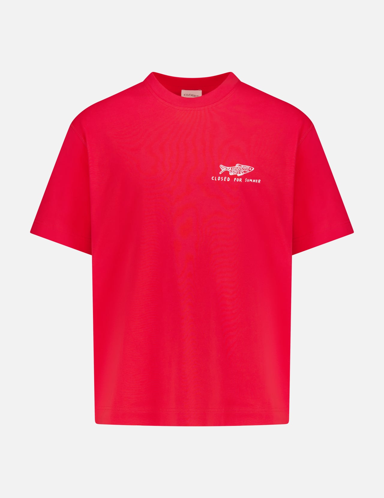 A vibrant red cotton short-sleeve t-shirt by CLOSED, featuring a small white fish graphic and "CLOTHES for humans" text on the left chest, shown against a plain white background.