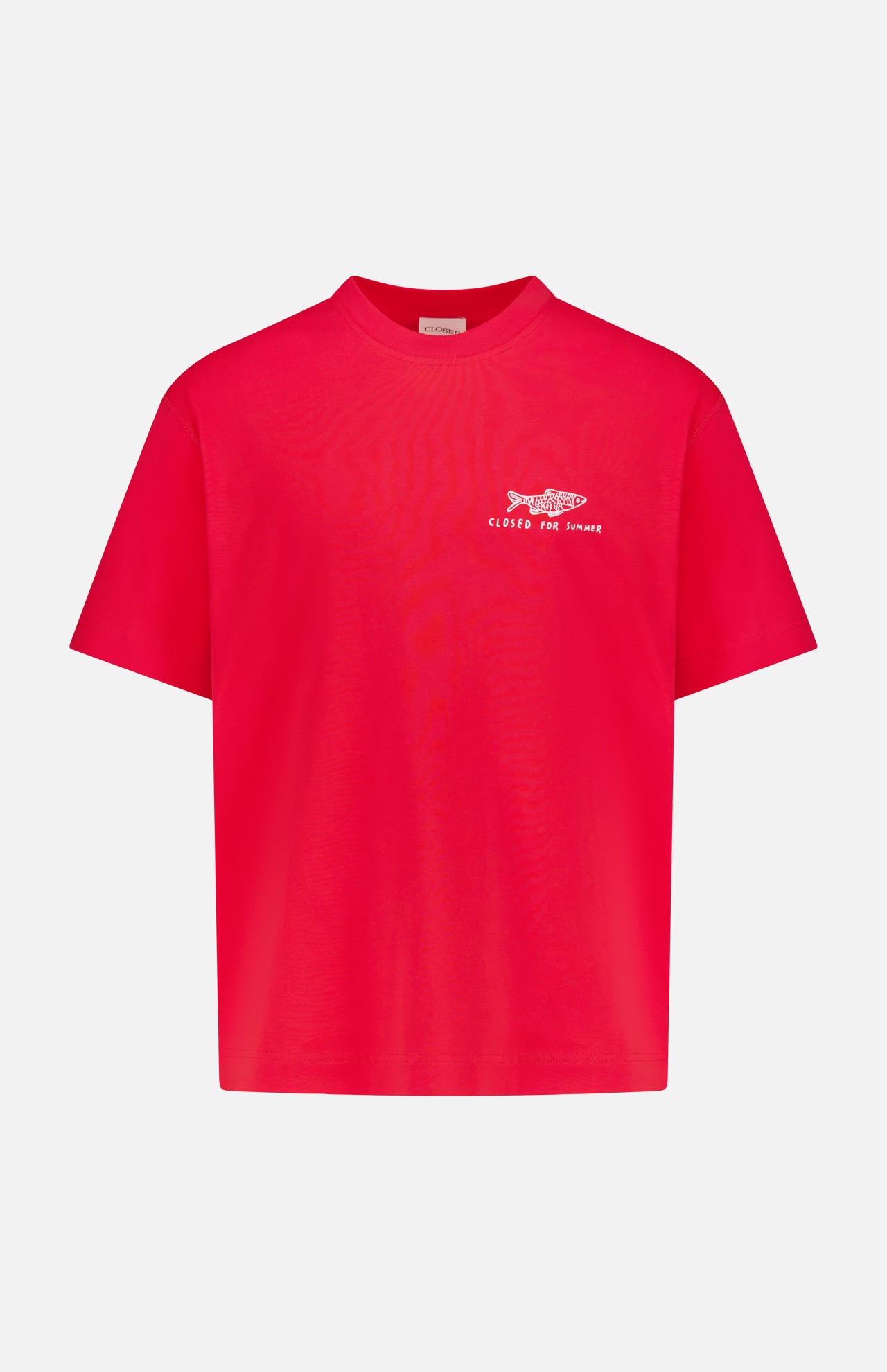 A vibrant red cotton short-sleeve t-shirt by CLOSED, featuring a small white fish graphic and "CLOTHES for humans" text on the left chest, shown against a plain white background.