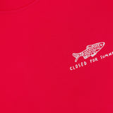 The Printed Fish Graphic T-Shirt by CLOSED features a red cotton design with a white label and a simple fish graphic above "CLOSED FOR SUMMER" on the chest.