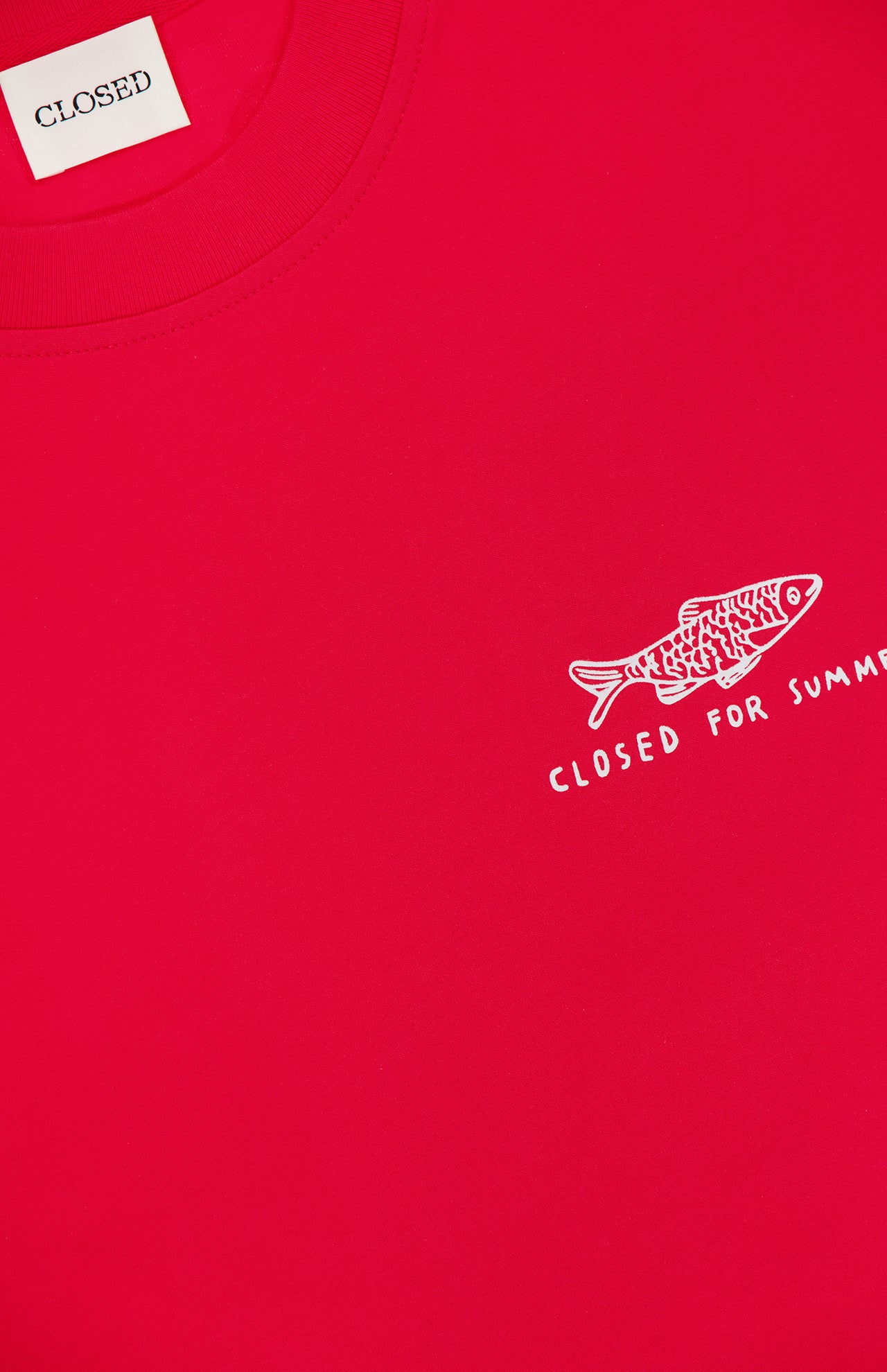 The Printed Fish Graphic T-Shirt by CLOSED features a red cotton design with a white label and a simple fish graphic above "CLOSED FOR SUMMER" on the chest.
