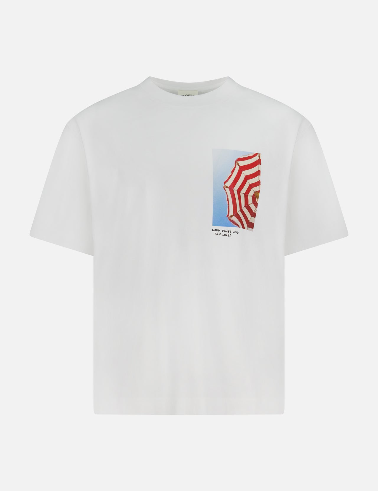 The CLOSED Printed Graphic T-Shirt, made from organic cotton, features a small chest photo print of a red-and-white striped umbrella beneath a blue sky.