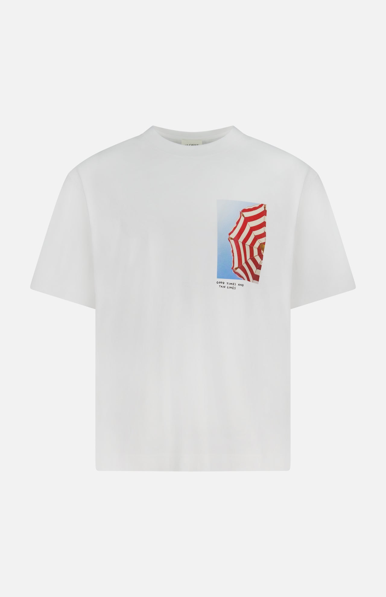 The CLOSED Printed Graphic T-Shirt, made from organic cotton, features a small chest photo print of a red-and-white striped umbrella beneath a blue sky.