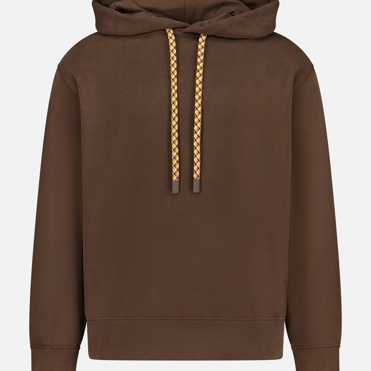 The CLOSED Retro Hoodie Sweatshirt in espresso brown showcases a classic drawstring hood with yellow and white patterned drawcords. Crafted from 100% cotton, it features a convenient front pocket and is photographed against a plain white background.