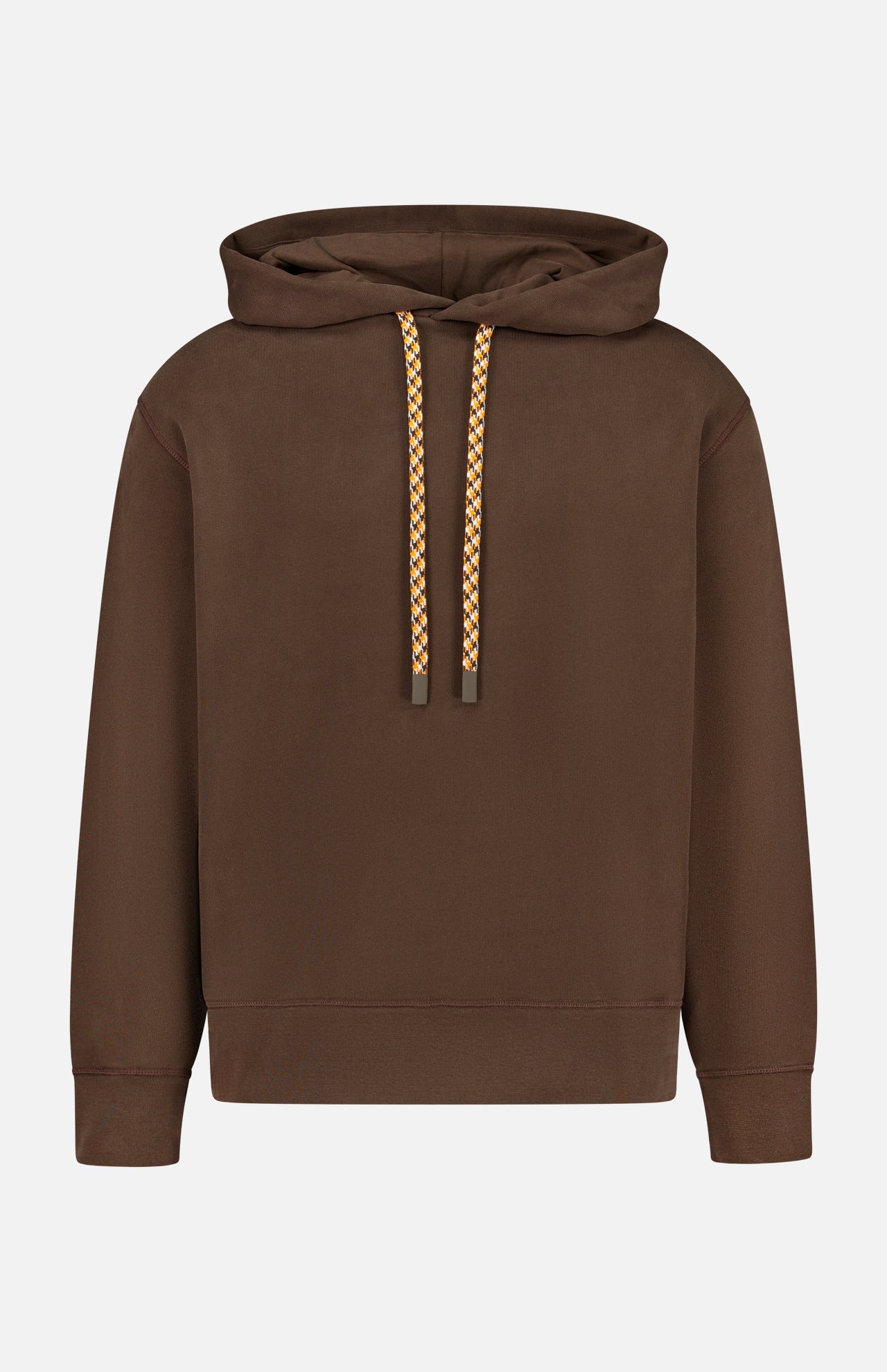 The CLOSED Retro Hoodie Sweatshirt in espresso brown showcases a classic drawstring hood with yellow and white patterned drawcords. Crafted from 100% cotton, it features a convenient front pocket and is photographed against a plain white background.