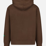 The Retro Hoodie Sweatshirt by CLOSED is shown from the back in espresso brown, featuring long sleeves and a classic drawstring hood for comfort. Crafted from 100% cotton, it has no visible logos or designs except for a small green detail on the left sleeve.