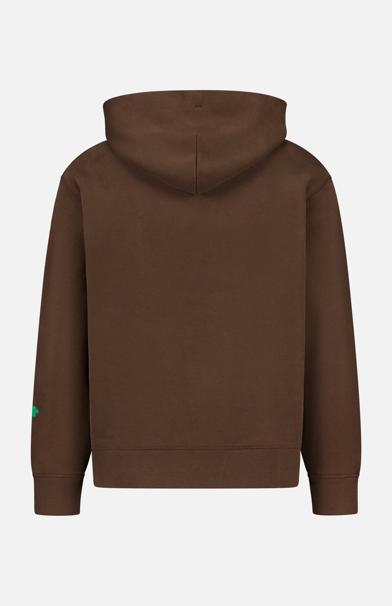 The Retro Hoodie Sweatshirt by CLOSED is shown from the back in espresso brown, featuring long sleeves and a classic drawstring hood for comfort. Crafted from 100% cotton, it has no visible logos or designs except for a small green detail on the left sleeve.