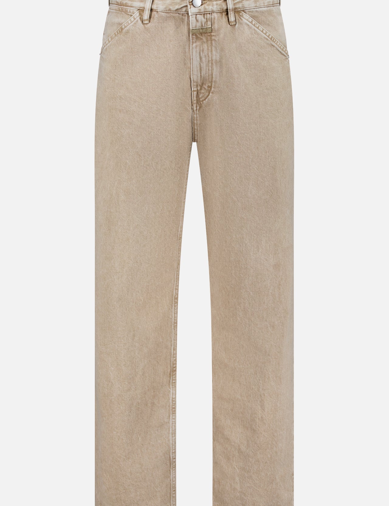 The Shoreham Wide Pant by CLOSED is crafted from beige denim in a wide, straight-leg silhouette, featuring a button and zipper closure, front and back pockets, and visible seam detailing. Made in Italy, it is displayed against a plain white background.