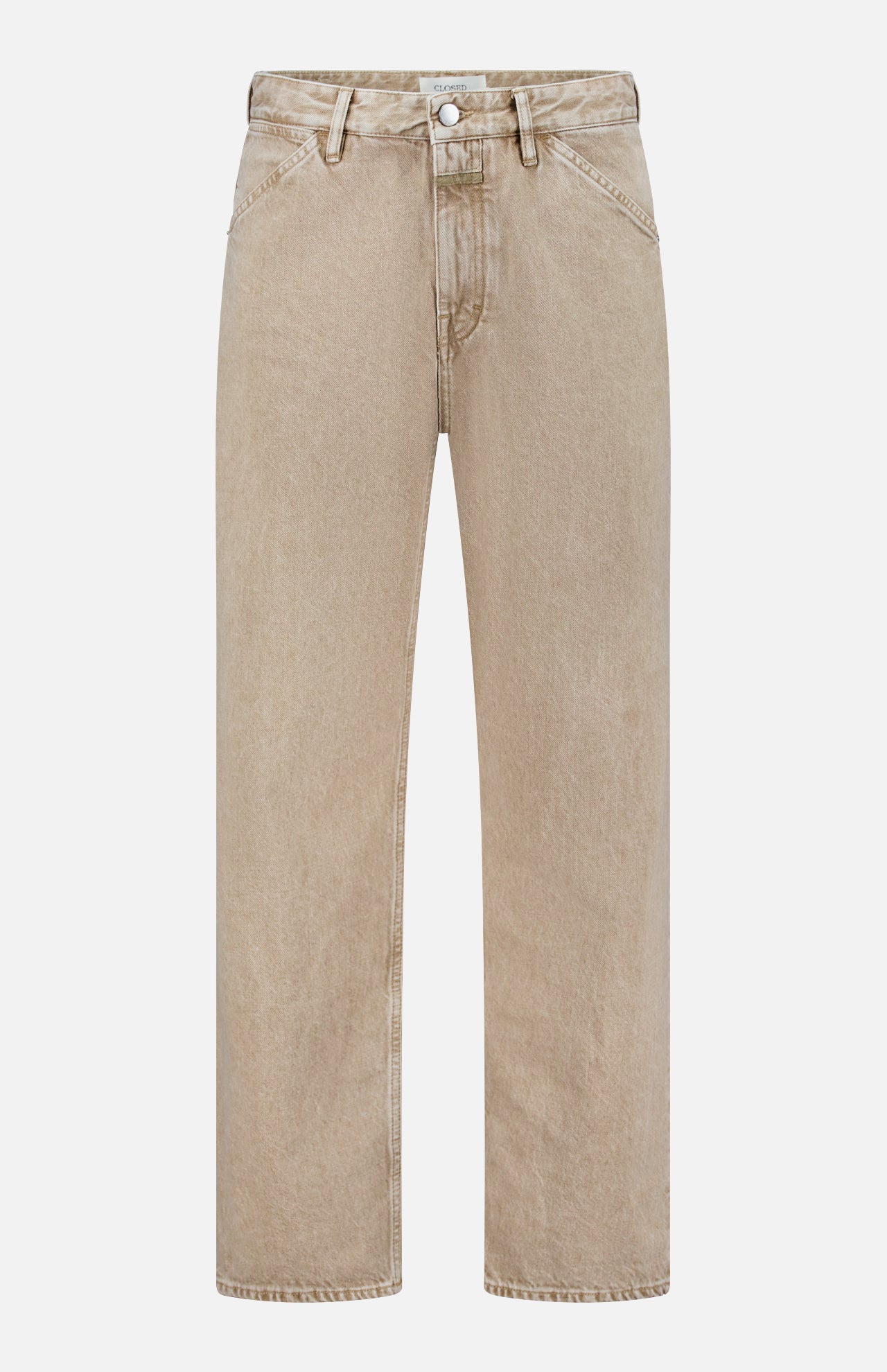 The Shoreham Wide Pant by CLOSED is crafted from beige denim in a wide, straight-leg silhouette, featuring a button and zipper closure, front and back pockets, and visible seam detailing. Made in Italy, it is displayed against a plain white background.