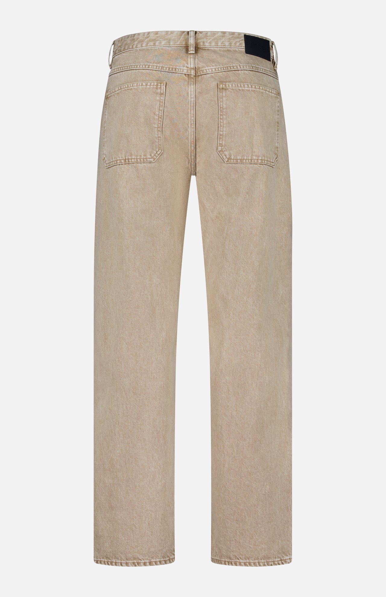 Back view of the CLOSED Shoreham Wide Pant in beige denim, showcasing a wide fit with two rear pockets, belt loops, and visible stitching. The fabric has a slightly faded look and features a black patch on the back waistband.