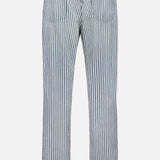 Back view of CLOSED Springdale Relaxed Stripe Pants in blue and white vertical striped 100% cotton denim, featuring two back pockets, straight legs, relaxed fit, and a white waistband label. Made in Italy.