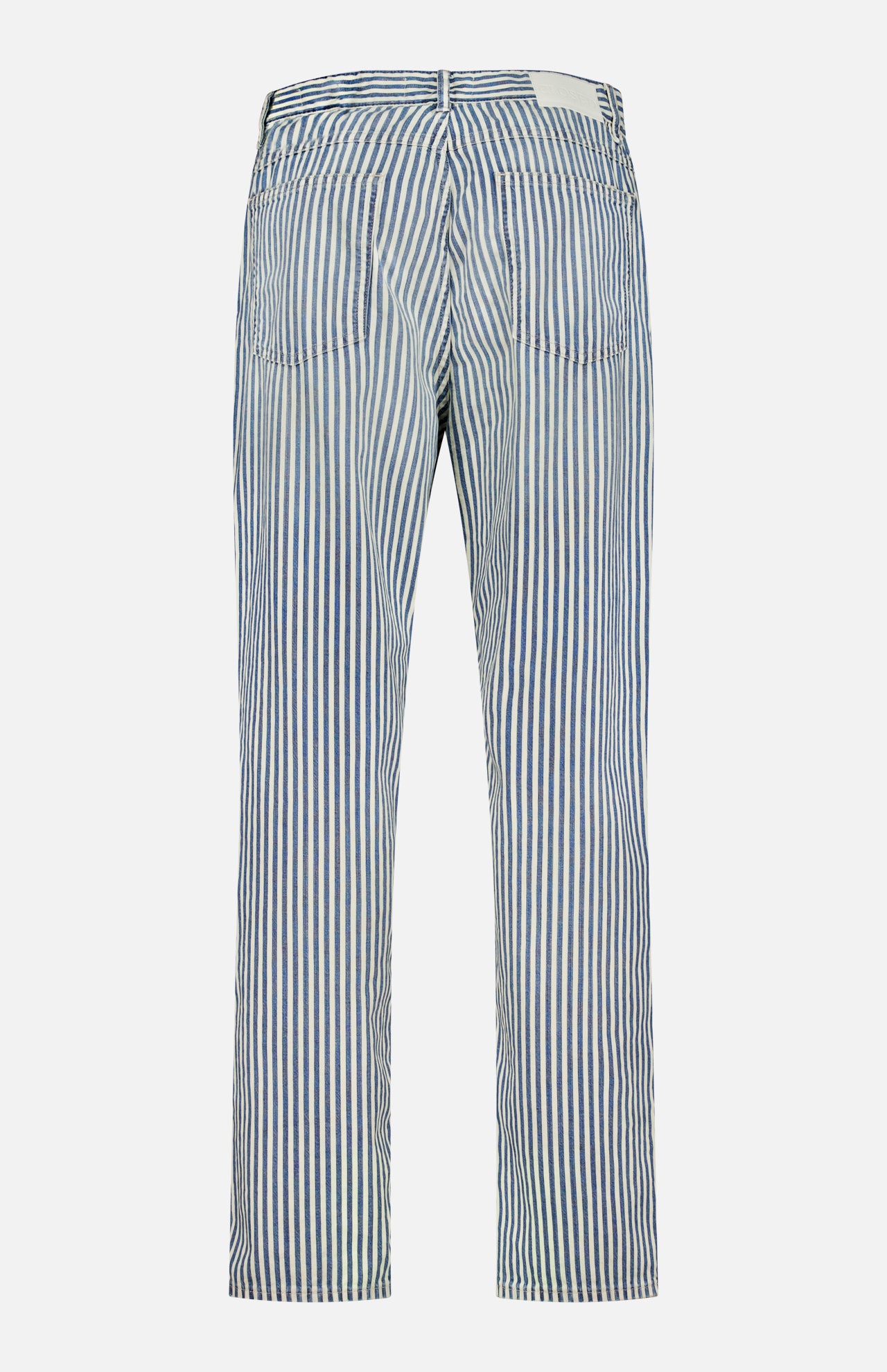 Back view of CLOSED Springdale Relaxed Stripe Pants in blue and white vertical striped 100% cotton denim, featuring two back pockets, straight legs, relaxed fit, and a white waistband label. Made in Italy.