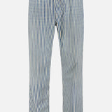 The CLOSED Springdale Relaxed Stripe Pants feature blue and white vertical stripes, a relaxed fit, 100% cotton denim, button and zipper closure, belt loops, and five pockets, shown against a plain white background.