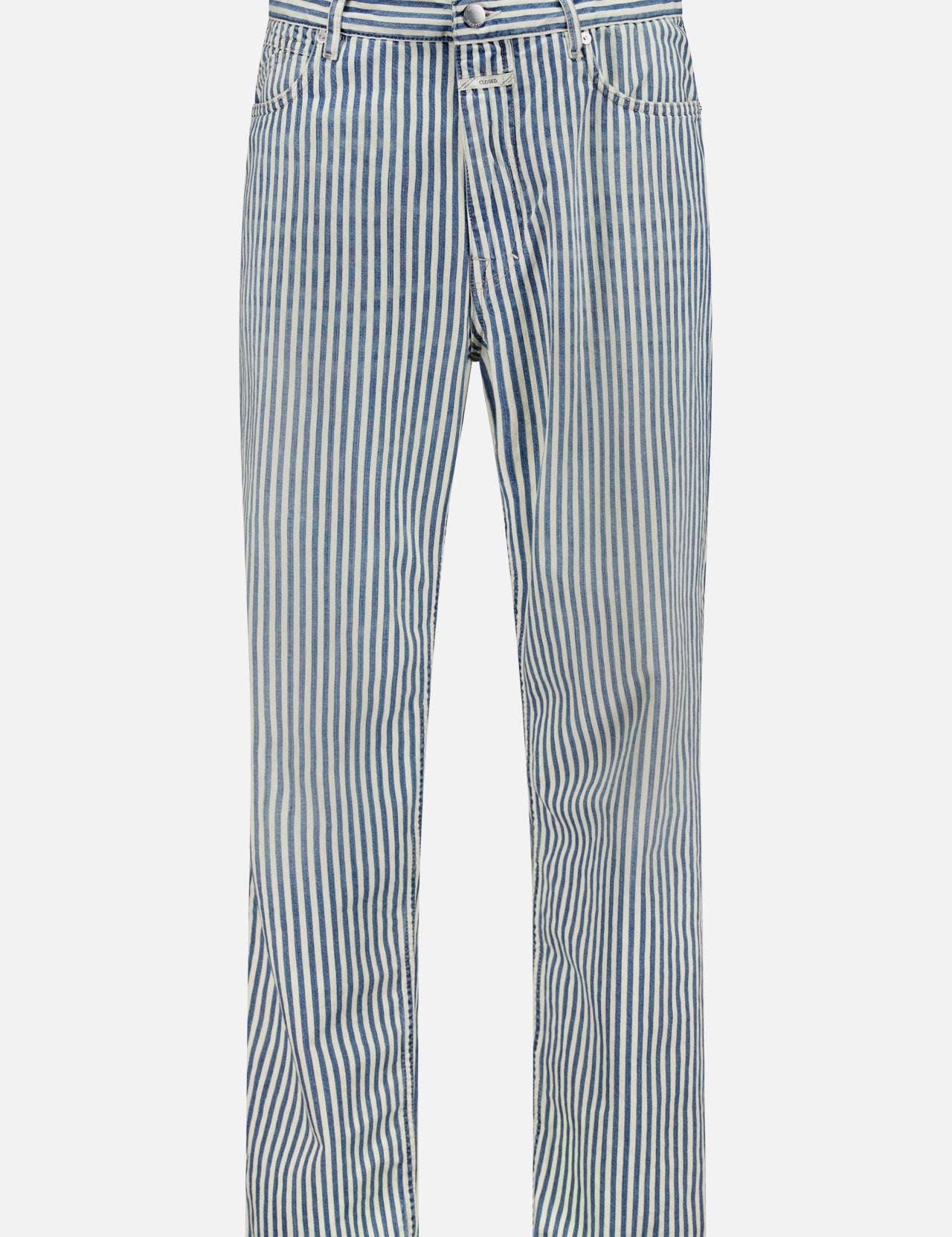 The CLOSED Springdale Relaxed Stripe Pants feature blue and white vertical stripes, a relaxed fit, 100% cotton denim, button and zipper closure, belt loops, and five pockets, shown against a plain white background.