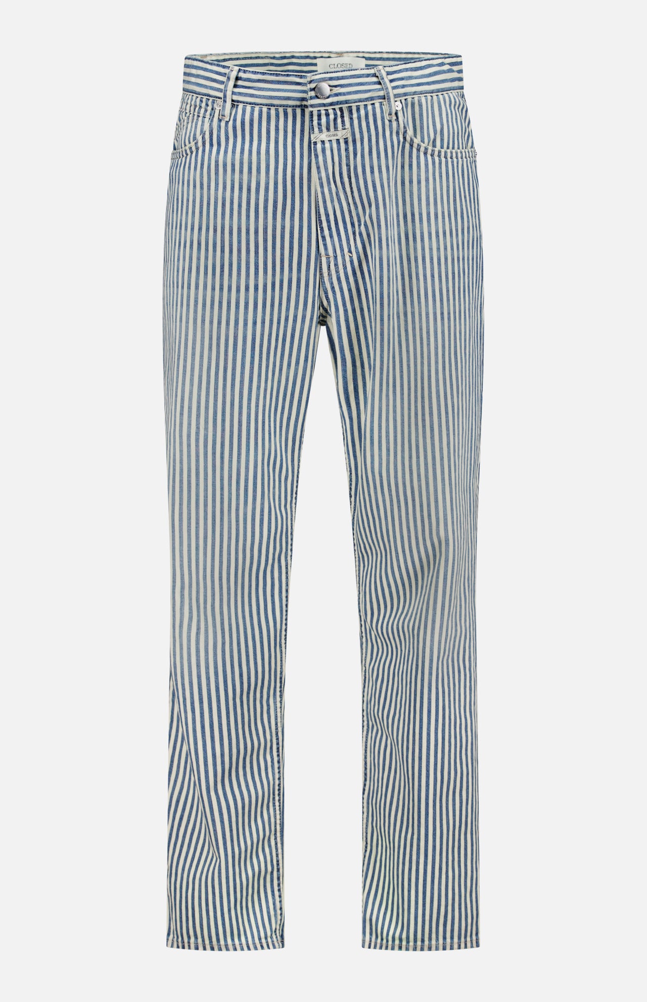 The CLOSED Springdale Relaxed Stripe Pants feature blue and white vertical stripes, a relaxed fit, 100% cotton denim, button and zipper closure, belt loops, and five pockets, shown against a plain white background.