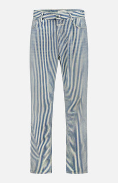 The CLOSED Springdale Relaxed Stripe Pants feature blue and white vertical stripes, a relaxed fit, 100% cotton denim, button and zipper closure, belt loops, and five pockets, shown against a plain white background.
