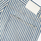 Close-up of the back pocket and waistband of CLOSED Springdale Relaxed Stripe Pants in blue and white striped 100% cotton denim, featuring visible stitching and a blank white label on the waistband.