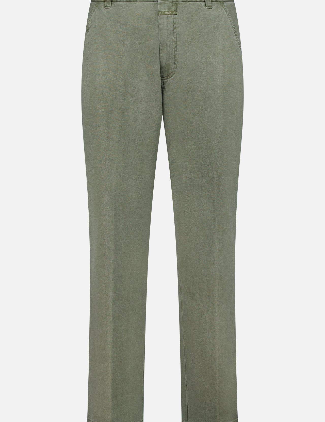 The CLOSED Toledo Tapered Trouser Pants in olive green cotton feature a button and zipper closure, belt loops, and side pockets, showcased against a plain white background.
