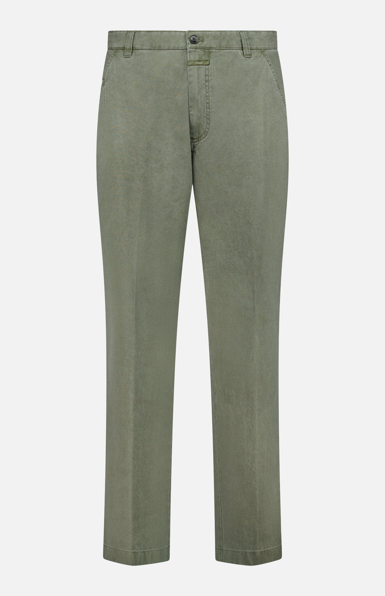 The CLOSED Toledo Tapered Trouser Pants in olive green cotton feature a button and zipper closure, belt loops, and side pockets, showcased against a plain white background.