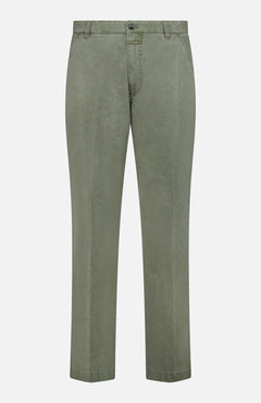 The CLOSED Toledo Tapered Trouser Pants in olive green cotton feature a button and zipper closure, belt loops, and side pockets, showcased against a plain white background.