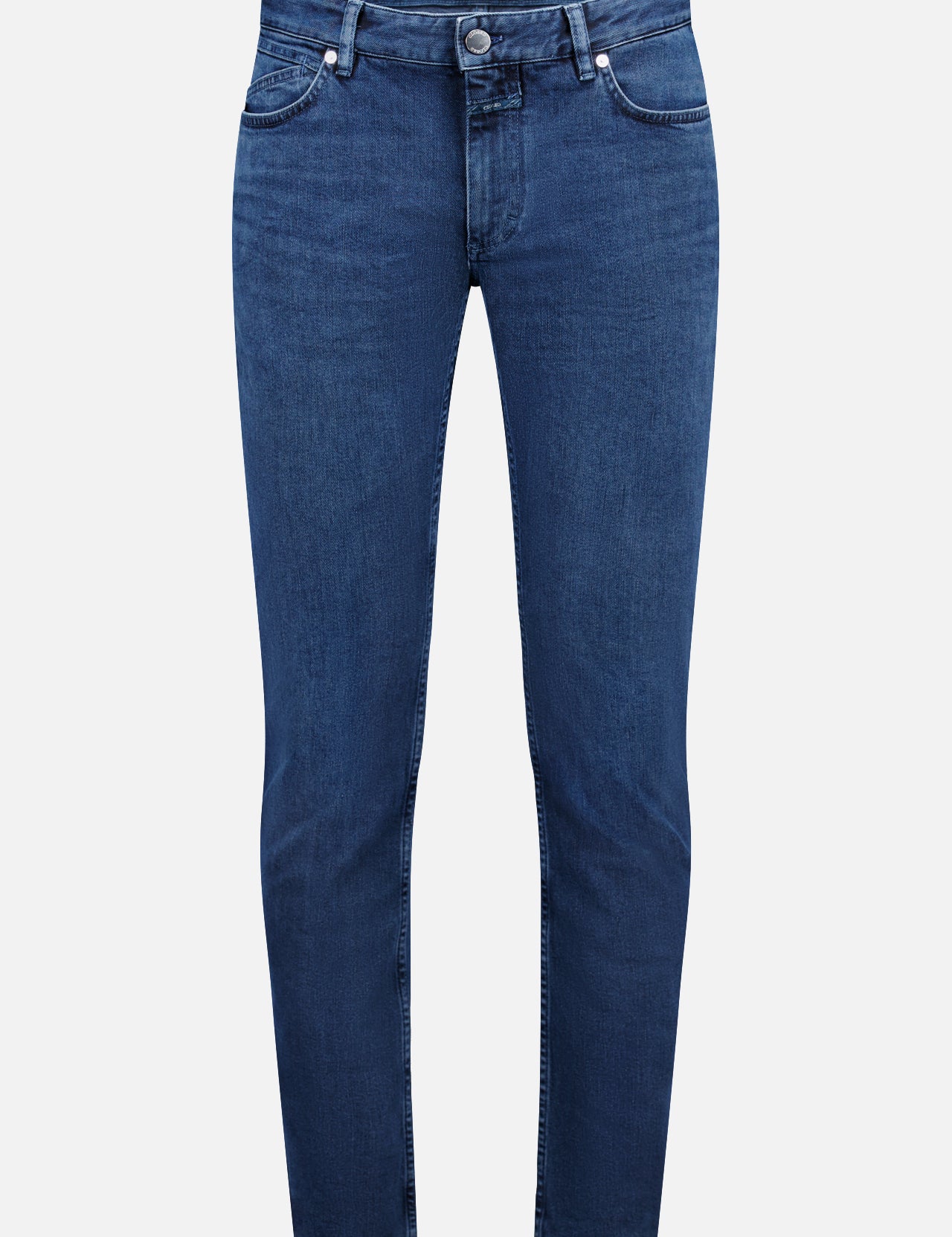 The Unity Slim Jean by CLOSED is a pair of classic dark blue denim jeans featuring a slim fit, front button and zipper closure, and five pockets. Made in Italy, they are displayed against a white background.