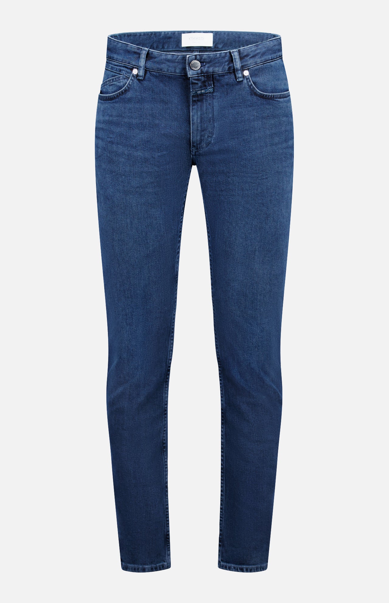 The Unity Slim Jean by CLOSED is a pair of classic dark blue denim jeans featuring a slim fit, front button and zipper closure, and five pockets. Made in Italy, they are displayed against a white background.