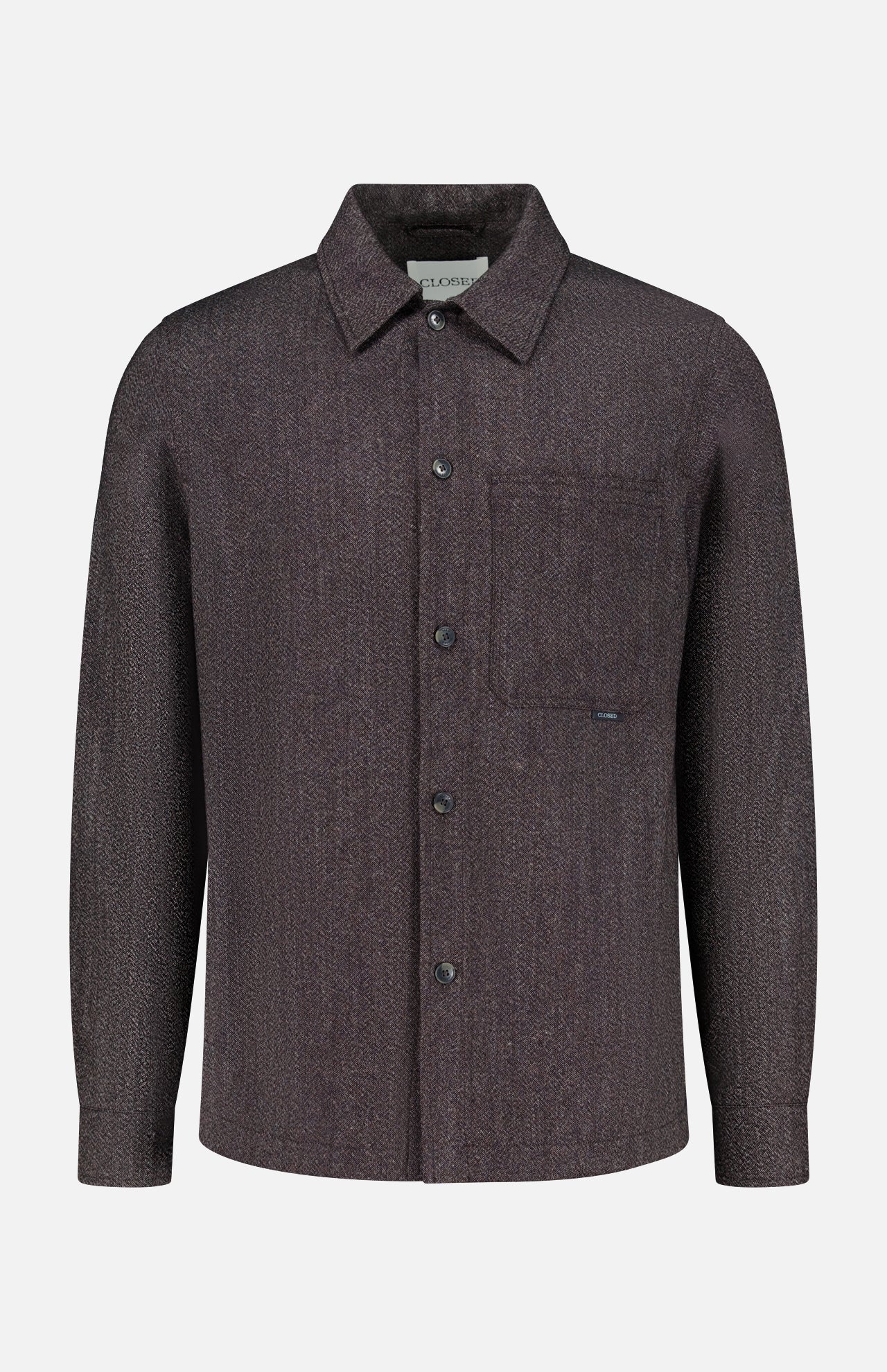 The Wool-blend Overshirt by CLOSED is a long-sleeve, button-up dark brown shirt featuring a classic collar and single chest pocket, crafted from a luxurious Italian fabric and shown against a plain white background.