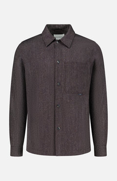 The Wool-blend Overshirt by CLOSED is a long-sleeve, button-up dark brown shirt featuring a classic collar and single chest pocket, crafted from a luxurious Italian fabric and shown against a plain white background.