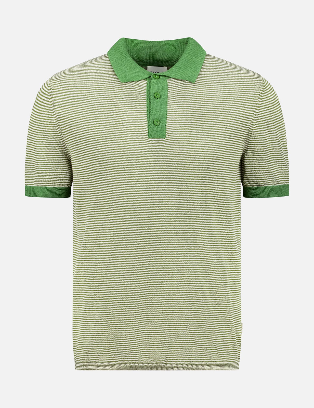 The CLOSED Polo Short Sleeve Jumper features green and white summery stripes, a solid green collar, button placket, and green trim on the sleeves and hem. Displayed against a plain white background.