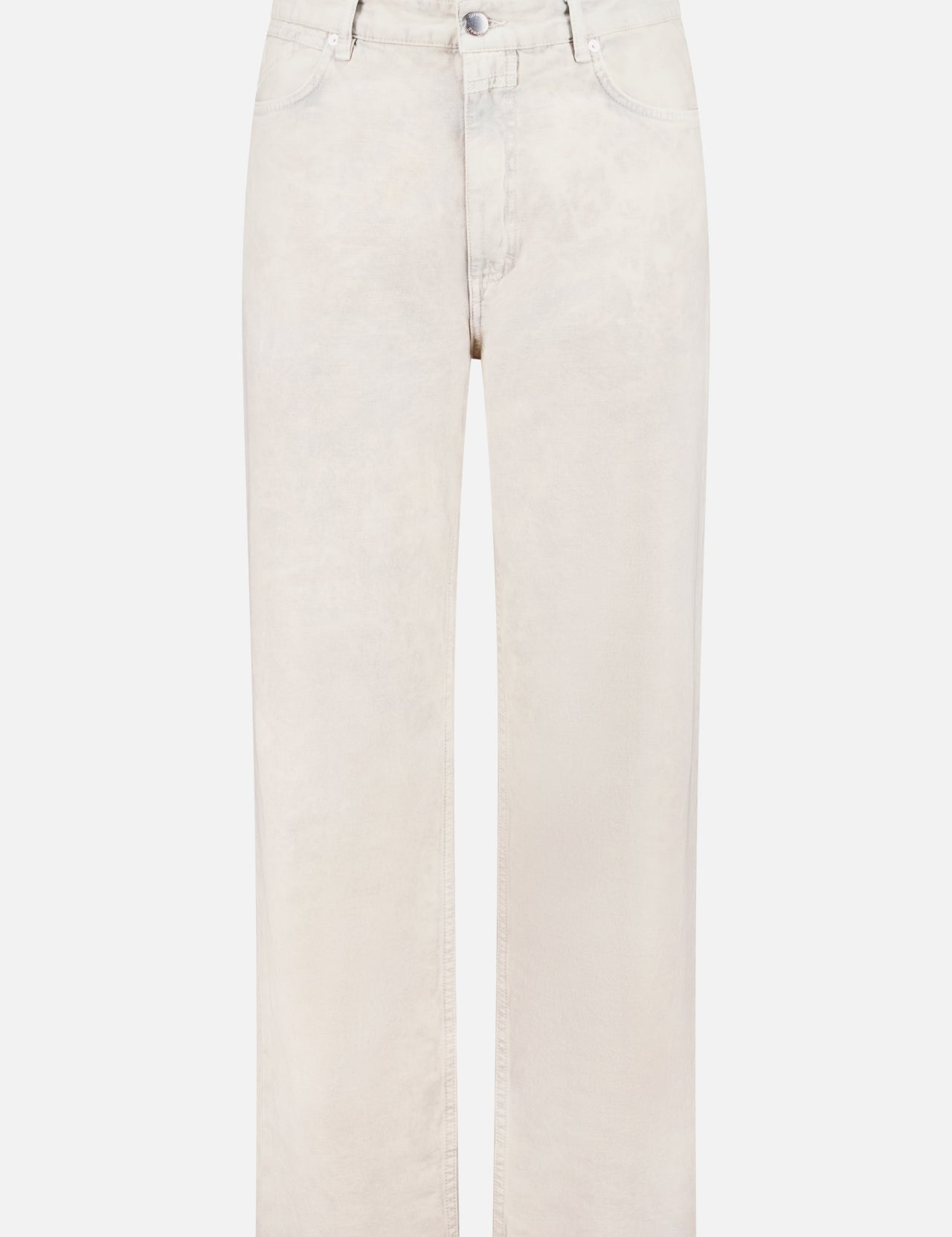 The Springdale Relaxed Straight Leg Pant by CLOSED is an off-white, high-waisted jean with belt loops, front and back pockets, button closure, and a subtle textured pattern. Made in Italy from sustainable cotton with a slightly faded look.