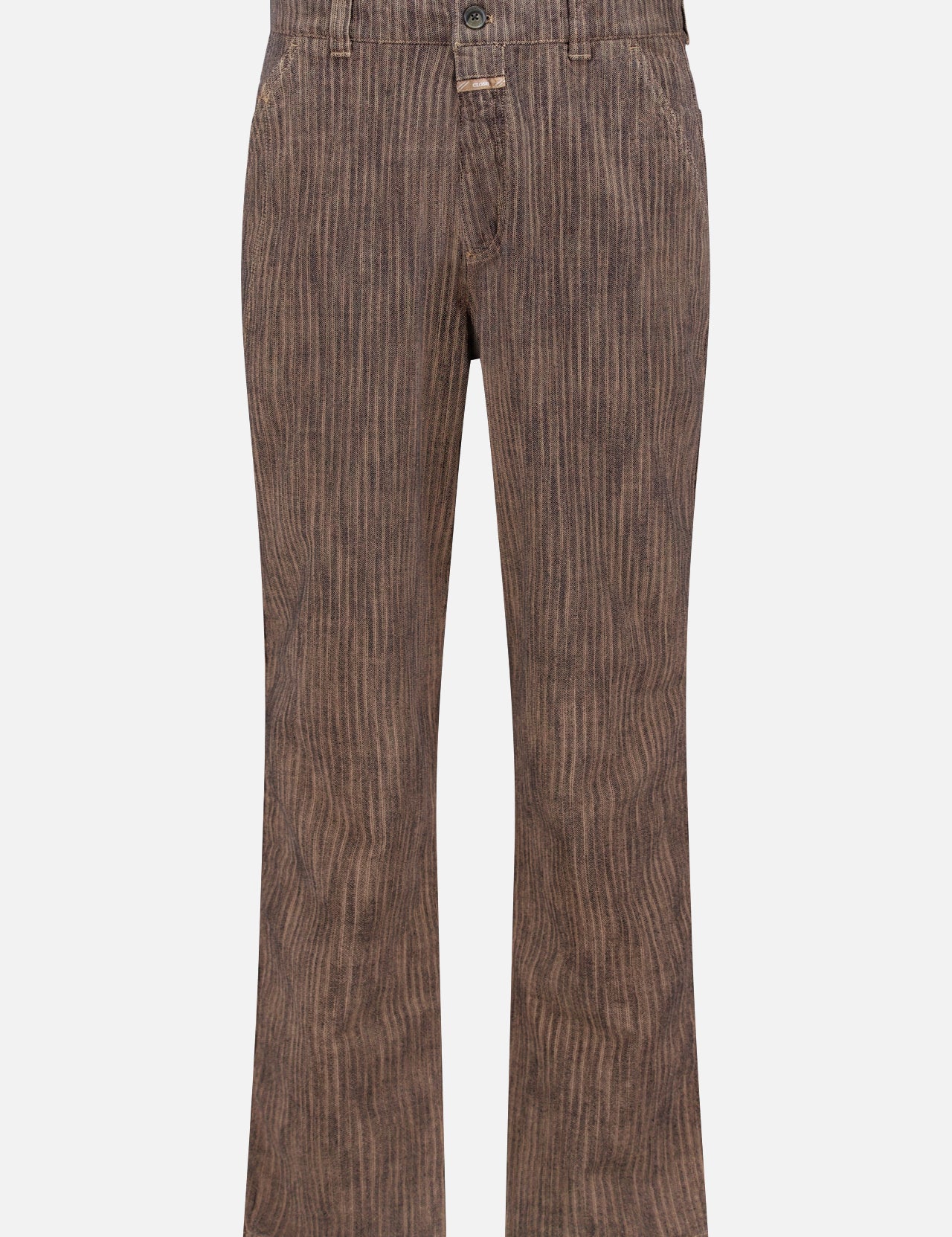 The CLOSED Toledo Tapered Herringbone Pant features brown corduroy with a subtle vertical stripe, belt loops, front button and zip closure, slight flare at the hem, and is shown against a white background.