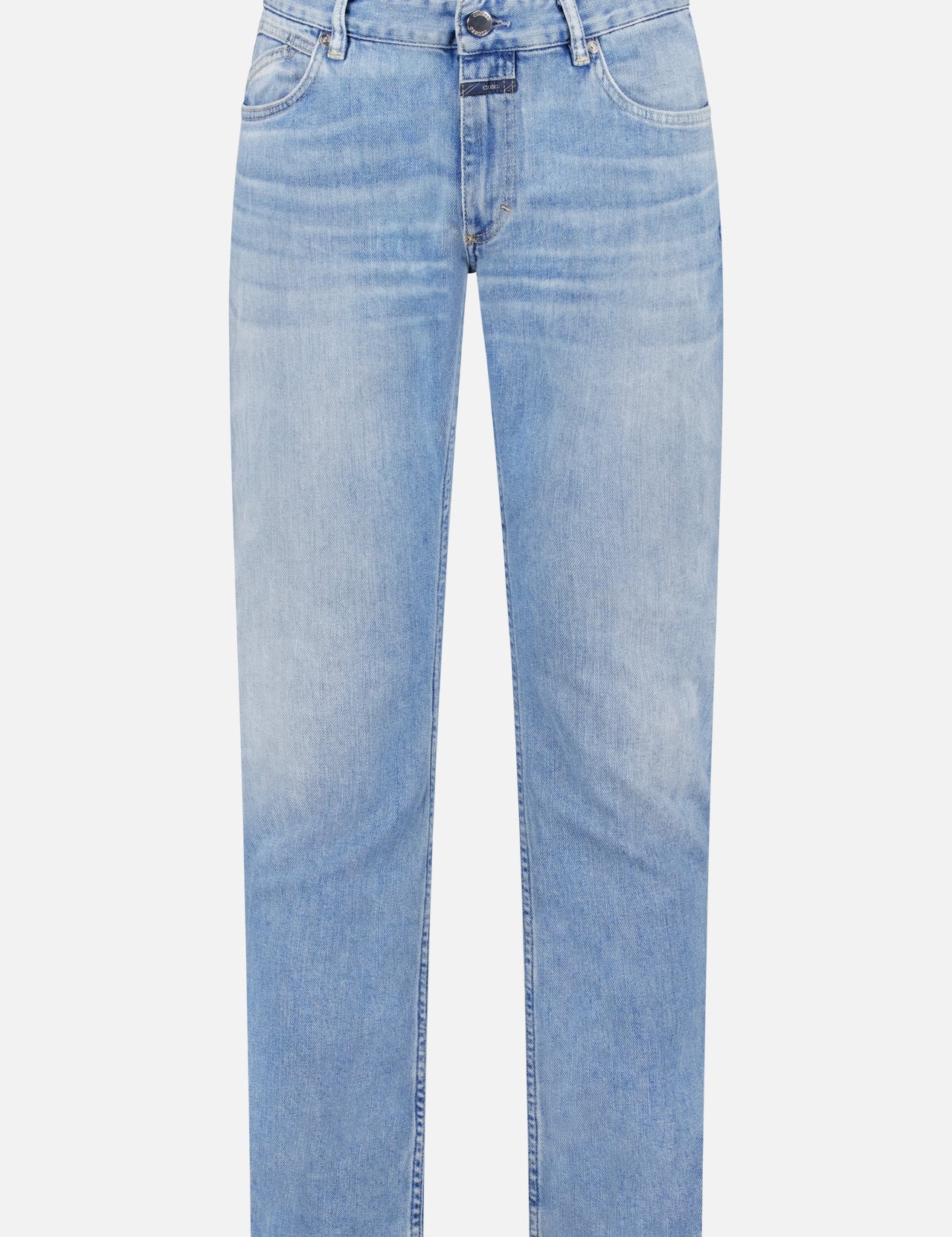 CLOSED Unity Slim Comfort Denim in light blue, shown flat on a white background. Features a five-pocket design, belt loops, button and zip closure, and a slim-fit cut.