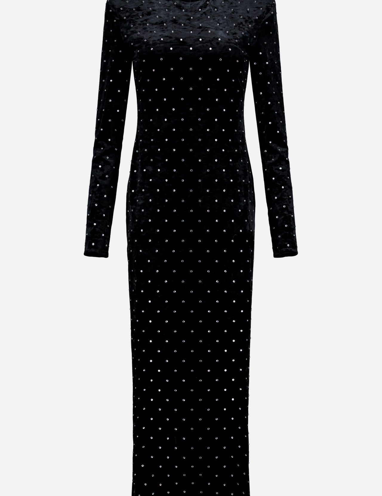 The Cosma Crushed Velvet Dress by RONNY KOBO is a long-sleeved, black and silver maxi dress with a fitted silhouette and scattered small polka dots, shown on a plain white background—perfect for eveningwear.
