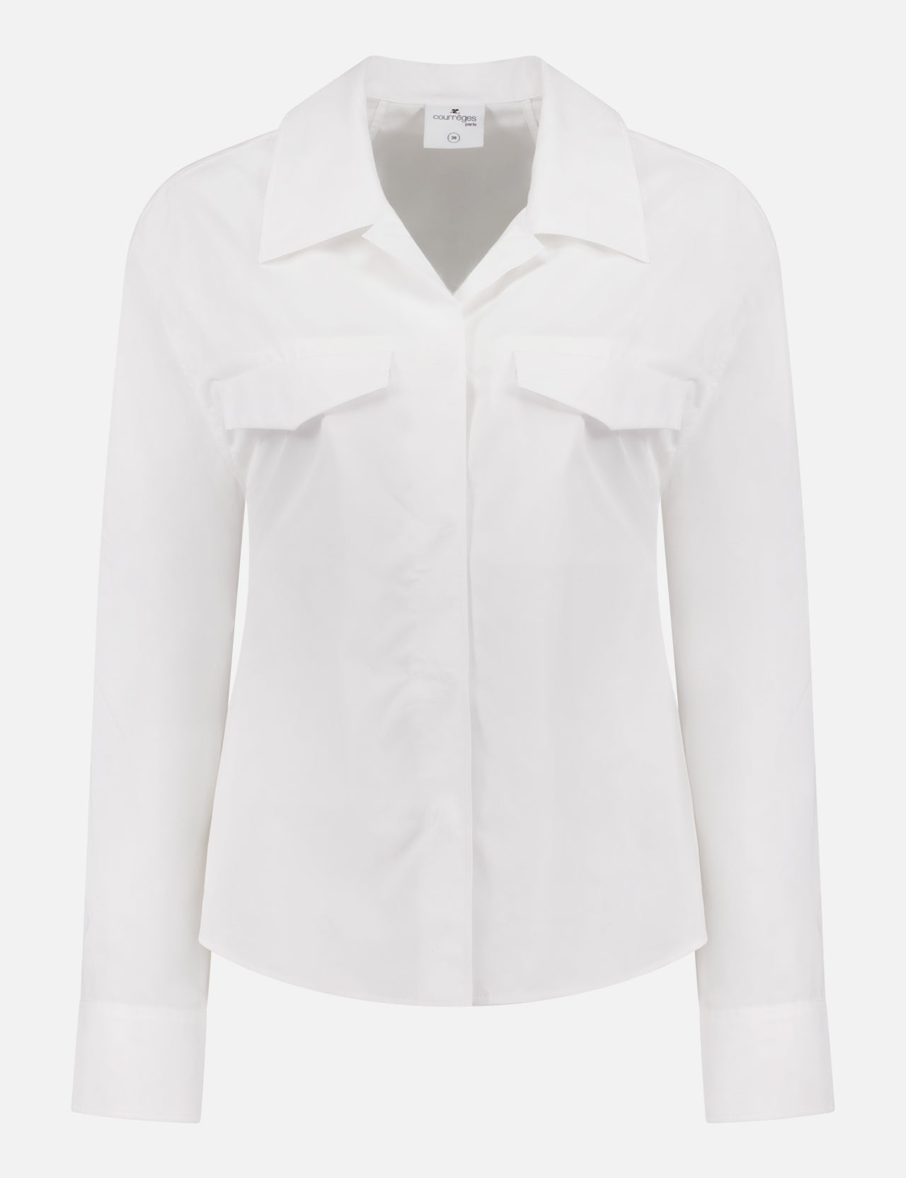 The COURRÈGES 2-Pocket Poplin Shirt is a chic white long-sleeve dress shirt with a collar and two chest pockets, shown on a plain white background.